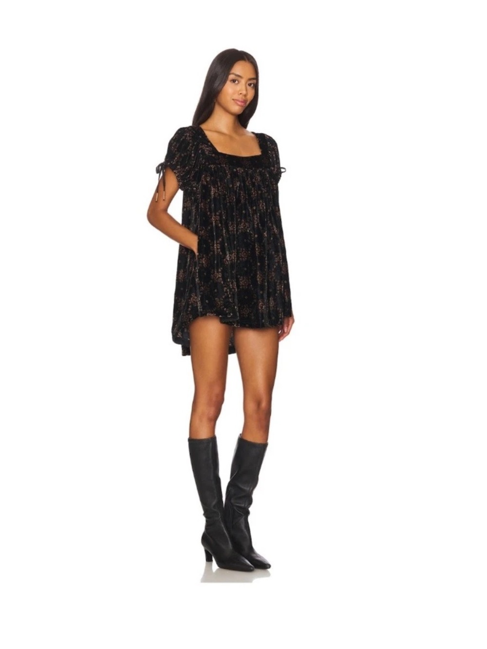 Free People We the Free Velvet Summer Camp Tunic Top Sz Medium Puff Sleeve Dres